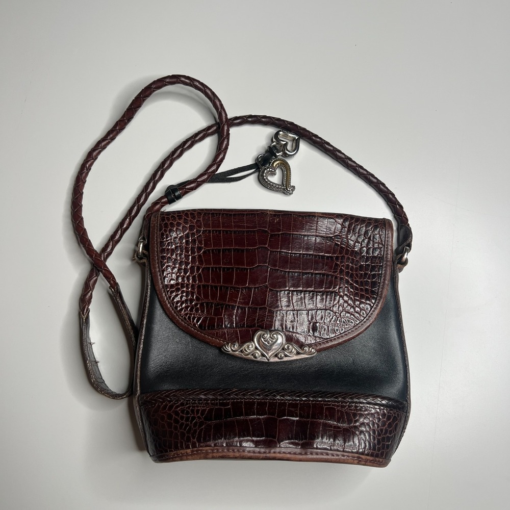 Brighton‎ Croc-Embossed Leather Shoulder Bag Black & Burgundy w/ Heart Charms